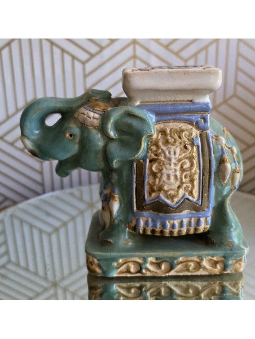 Vintage Ceramic Elephant Chinoiserie Glazed Plant Stand Plinth Asian Decor